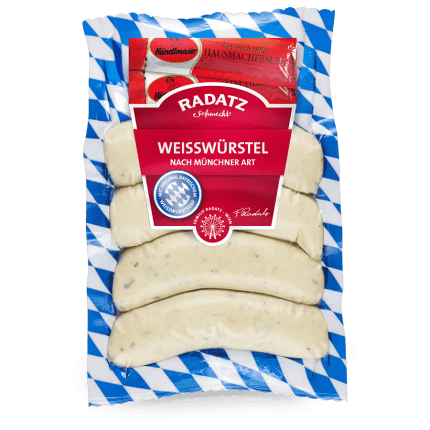 Cârnați Albi Weisswürstel Radatz plus muștar special (2 pliculețe). Pret/pachet de 300 g (4 cârnați)